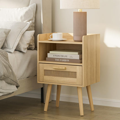HEYZOEY Bedside Tables,End Table,Rattan Bedside Tables, Side Table with Hand Made Rattan Decorated Drawers,Wood Accent Nightstand with Storage for