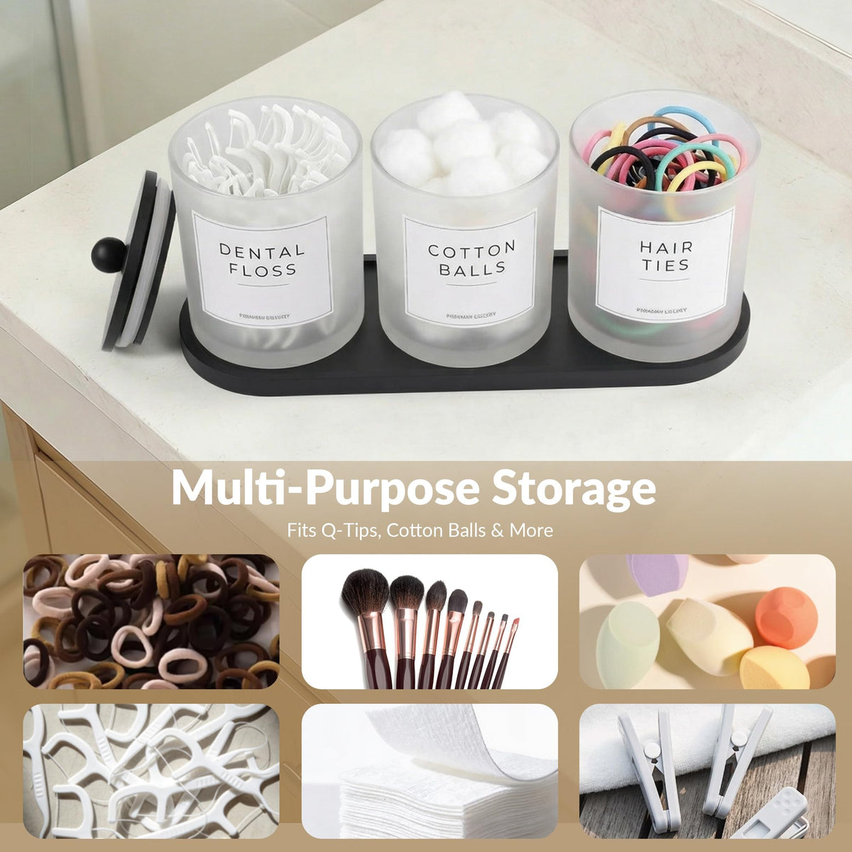 3 Pack Cotton Bud Holder Dispenser - Glass Apothecary Jars with Bamboo Lids, Cotton Ball Pad Round Holder, Floss Pick Containers