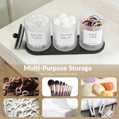 3 Pack Cotton Bud Holder Dispenser - Glass Apothecary Jars with Bamboo Lids, Cotton Ball Pad Round Holder, Floss Pick Containers