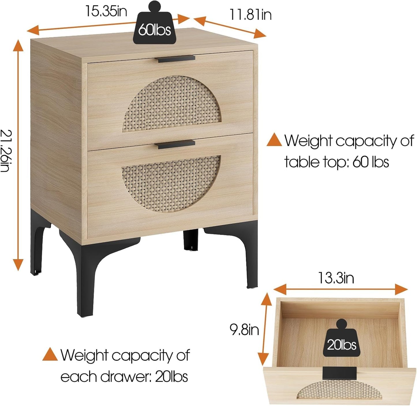 Garden 4 you Bedside Table, Nightstand, Bed Side Table with Wood Decorated Drawers, Modern Bedside Cabinet, Bedroom End Table with Storage