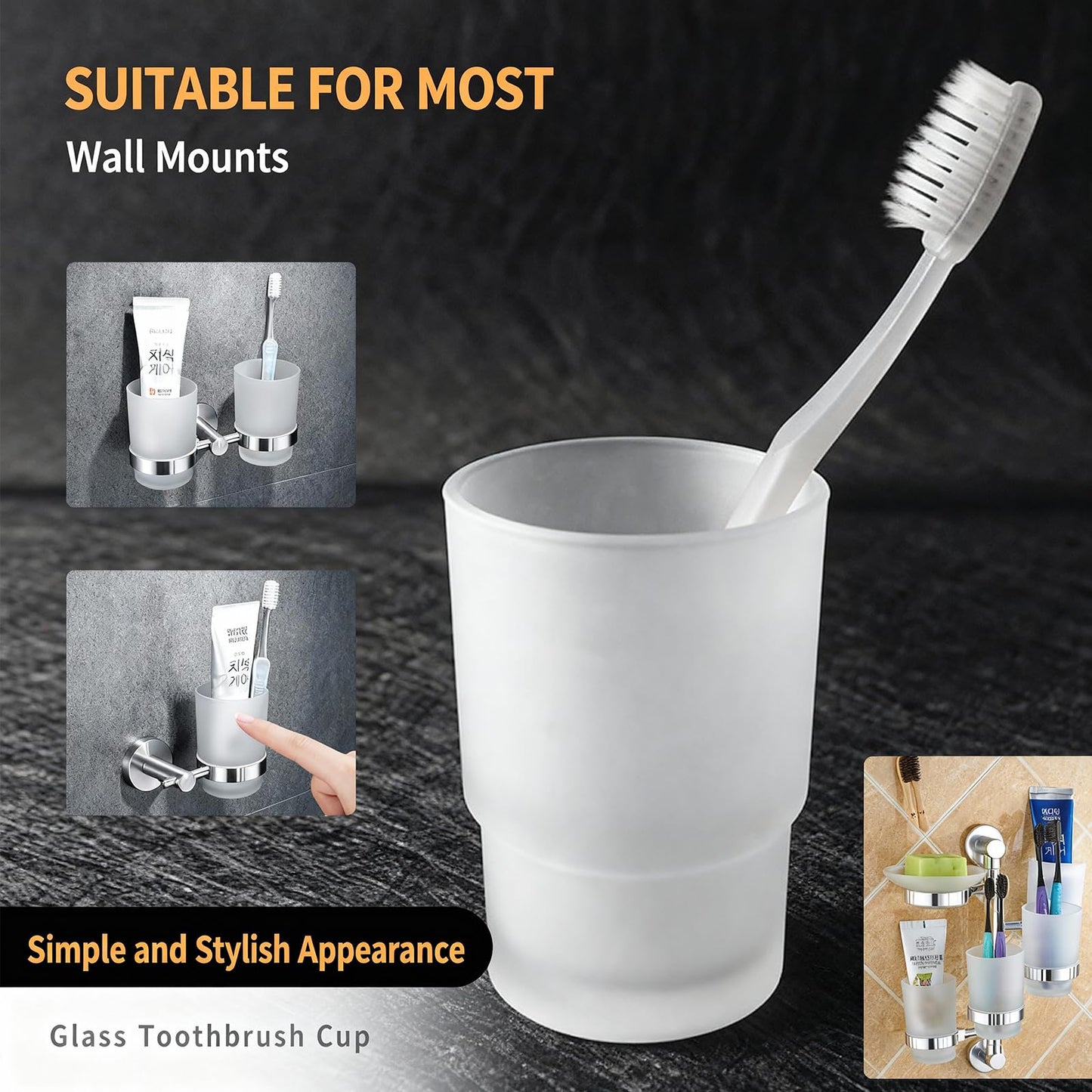 Set of 2 Glass Toothbrush Cups, Family Bathroom Cups, Replacement for Wall Mounted Toothbrush Holder, Bathroom Accessories (Matte)