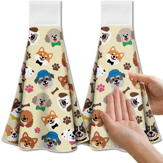 CUTHOLLOW Cute Cartoon Puppy Tea Towels for Kitchen with Loop, Set of 2 - Soft & Super Absorbent Microfiber Decorative Hanging Dish & Hand Towel, Tea,