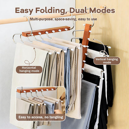 Trouser Hangers Space-Saving, 2 Pack Wooden Foldable with Anti-Slip Hooks
