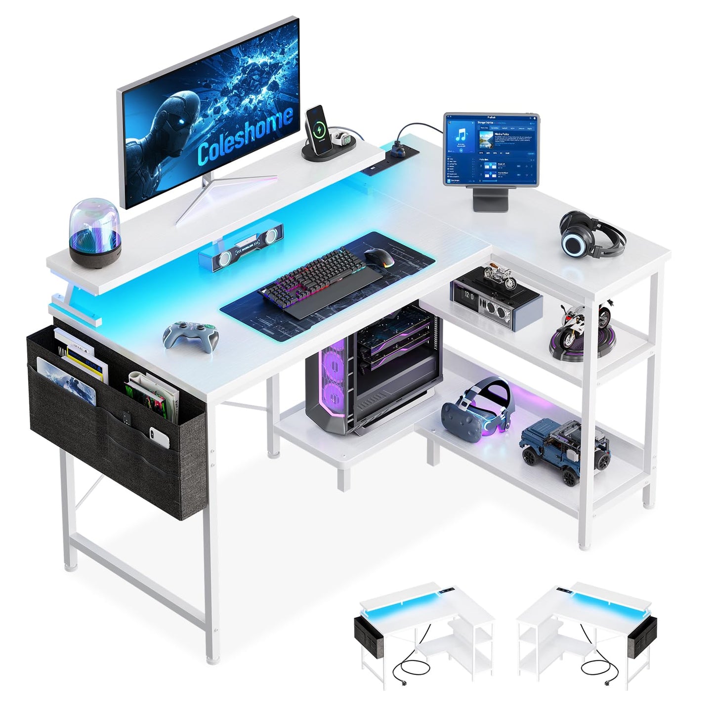 Coleshome L Shaped Gaming Desk with LED Lights & Power Outlet, 100x70 cm