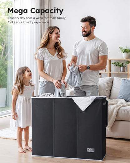 SOLEDI 160L 3 Section Washing Basket with Lid, Dirty Clothes Hamper and Laundry Bags, Large Hamper Organizer for Laundry Room, Bedroom, Black