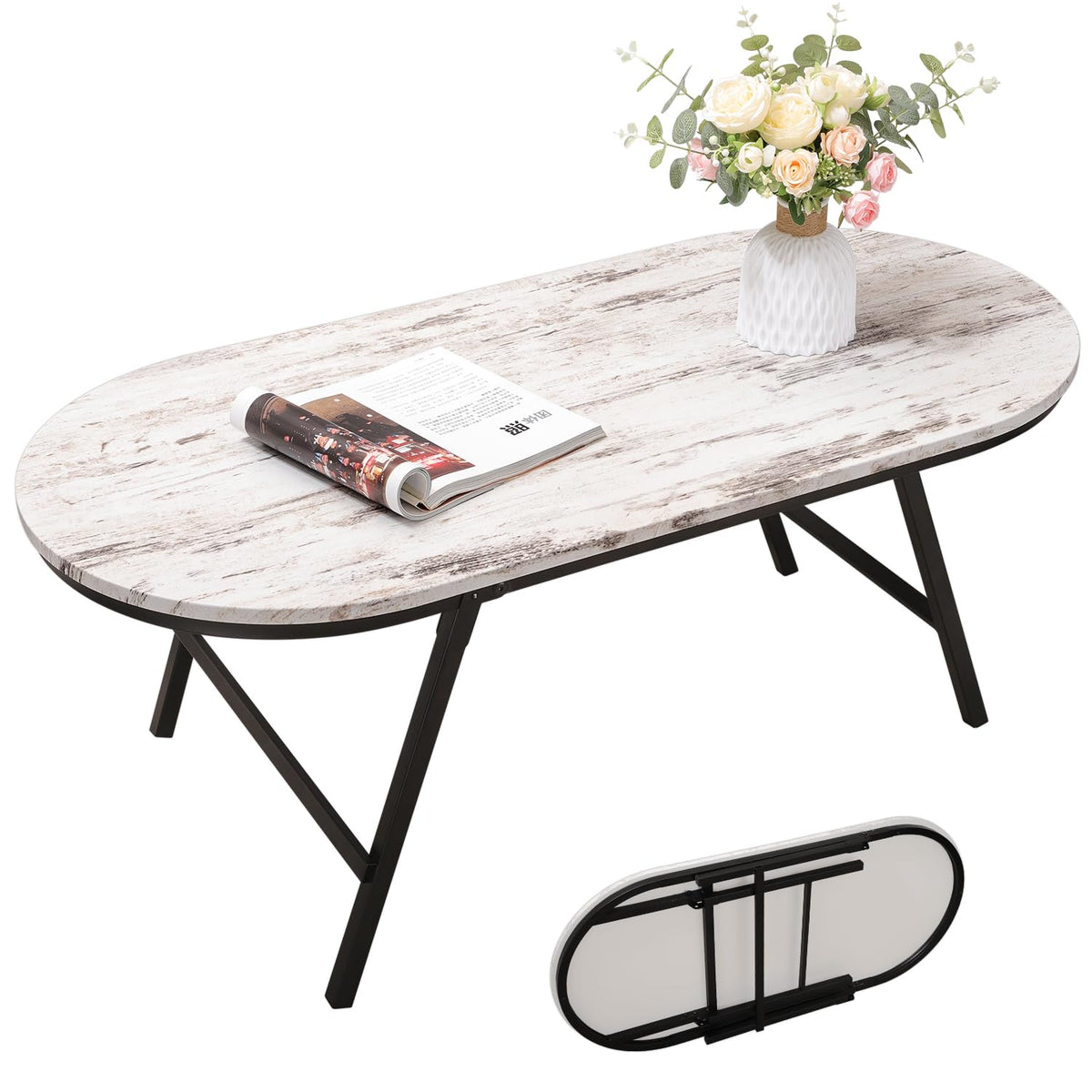 FEUFOAM Folding Small Coffee Table Wood Low Coffee Tables with Metal Legs Portable Oval Center Table Rustic Farmhouse Furniture for Living Room Small