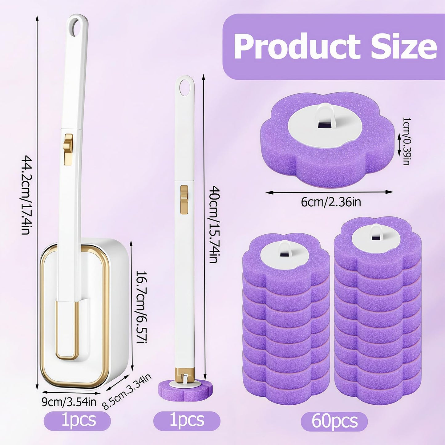 Disposable Toilet Brush with 60 Replacement Heads and Holder, Purple