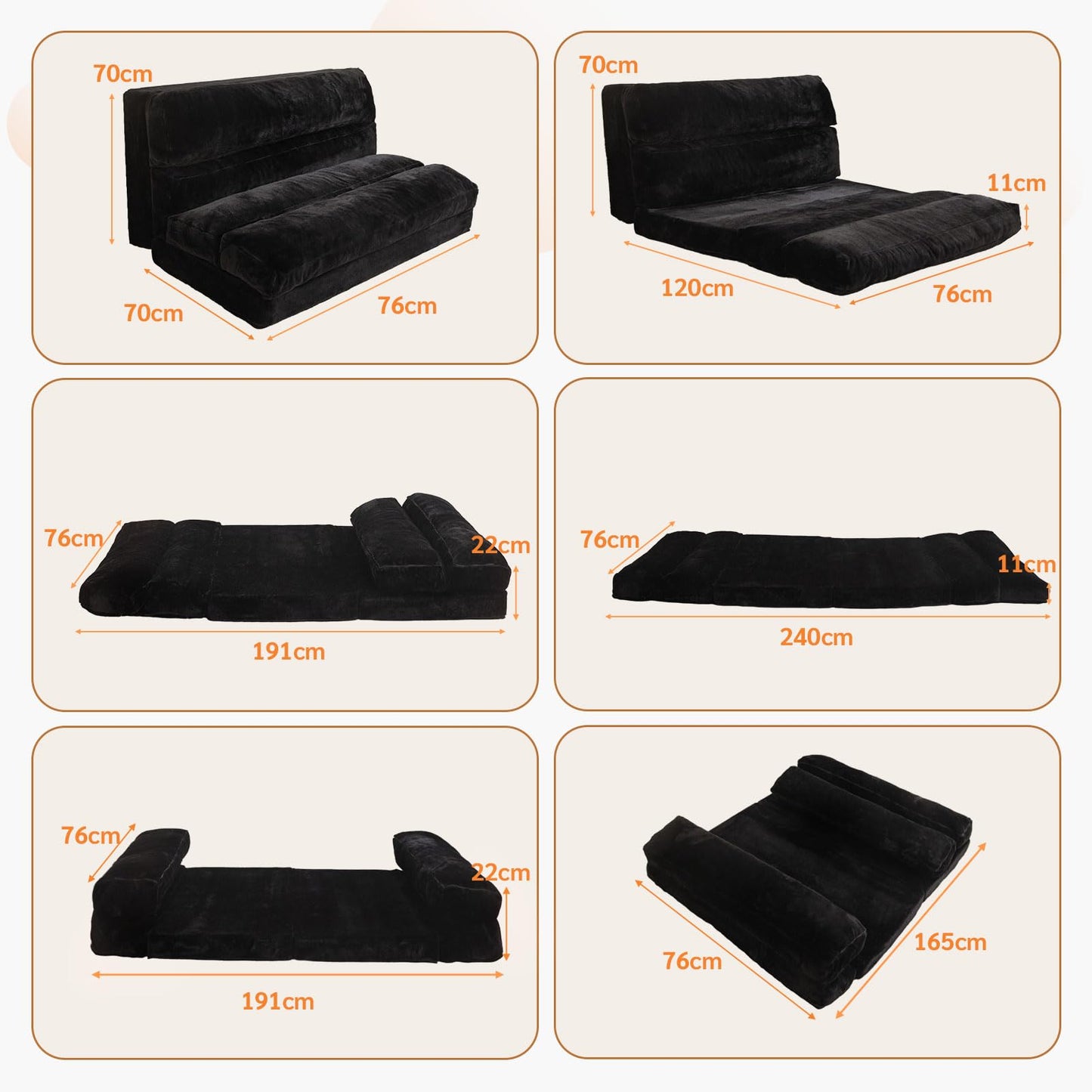 MAXYOYO Bean Bag Bed Folding Sofa Bed Mattress for Adults, Extra Thick 6 Fold Floor Couch for Bedroom Living Room, Black, 75x240 cm