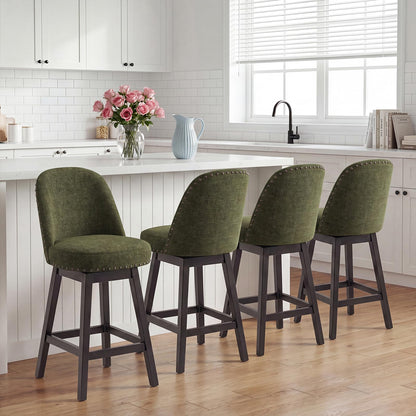 Bar Stools Set of 4, 360° Swivel Counter Stools with Upholstered Seat, Wooden Frame & Nailhead Trim