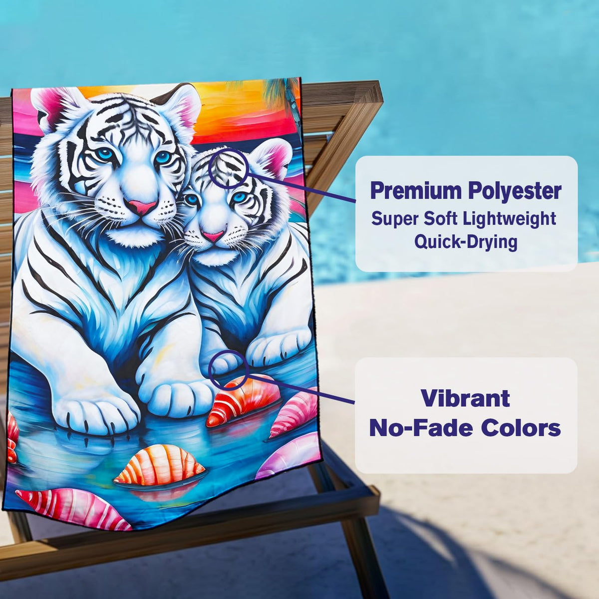 Violetpos White Tiger & Shells Beach Towel, Extra Large 180x90 cm 250GSM Microfibre, Sand Free Quick Dry