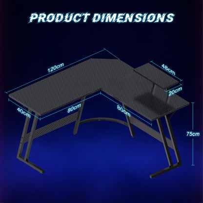 JUMMICO L Shaped Gaming Desk with Large Monitor Stand,120x120x75cm Corner Desk for Home Office Study Writing Workstation, Carbon Fibre Black
