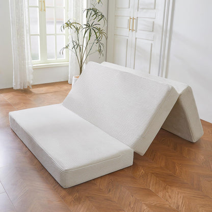 MAXYOYO Folding Corduroy Mattress, Tri Fold Floor Mattress 15cm thick with Washable Cover,Foldable in Three,Space-Saving for Guest (Beige, Single)