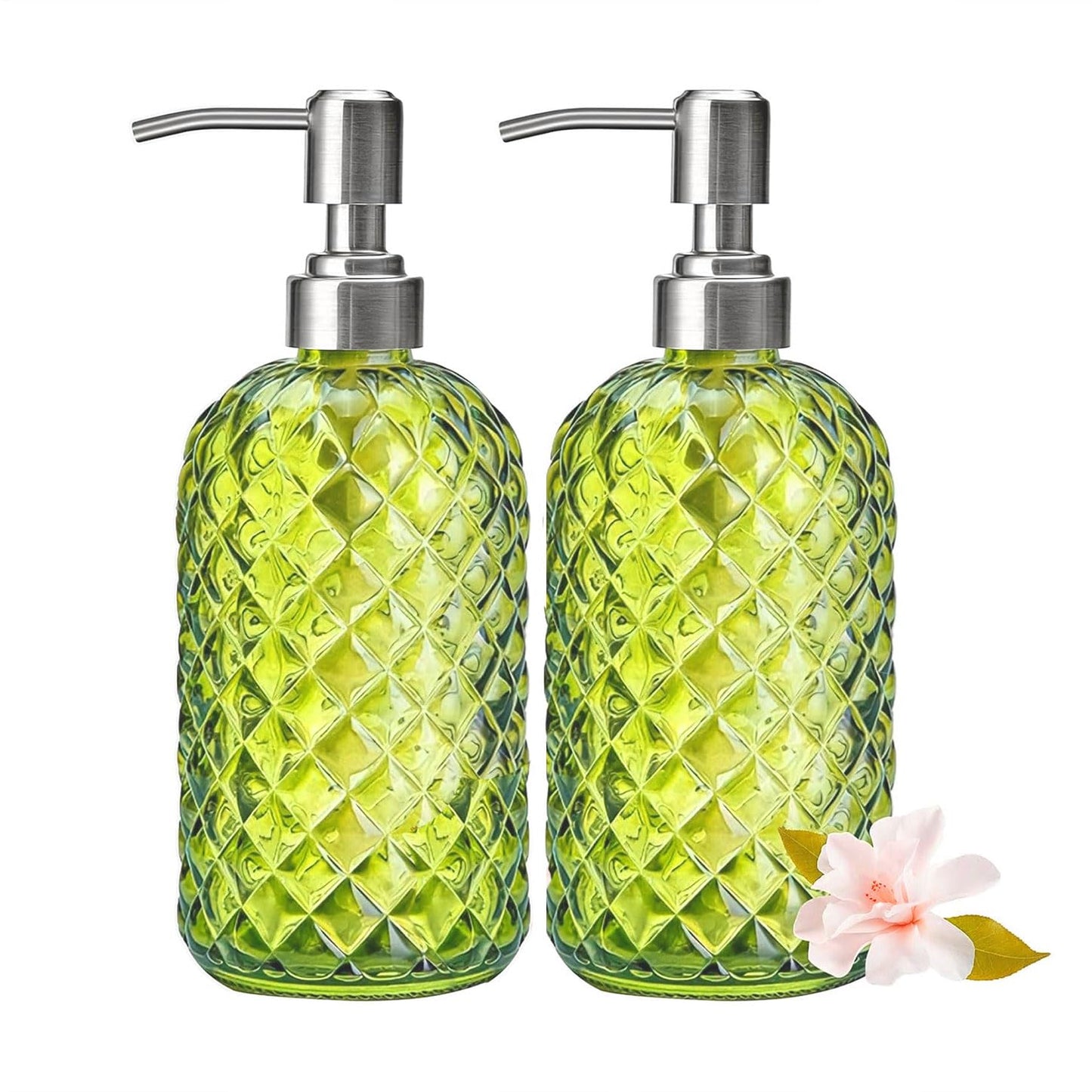 2Pcs Glass Soap Dispenser Green - 350ml/ 16 Oz Hand Soap Dispenser with Rustproof Stainless Steel Pump Liquid Hand Jar Refillable Glass Bottle for