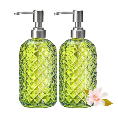 2Pcs Glass Soap Dispenser Green - 350ml/ 16 Oz Hand Soap Dispenser with Rustproof Stainless Steel Pump Liquid Hand Jar Refillable Glass Bottle for