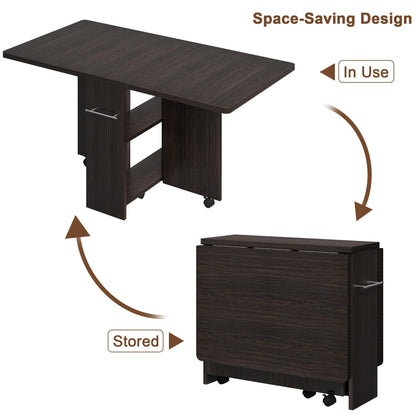 Folding Dining Table with 2 Tier Storage & 6 Wheels, Extendable Drop Leaf, Wood Kitchen Dining Room Tables Set for 4