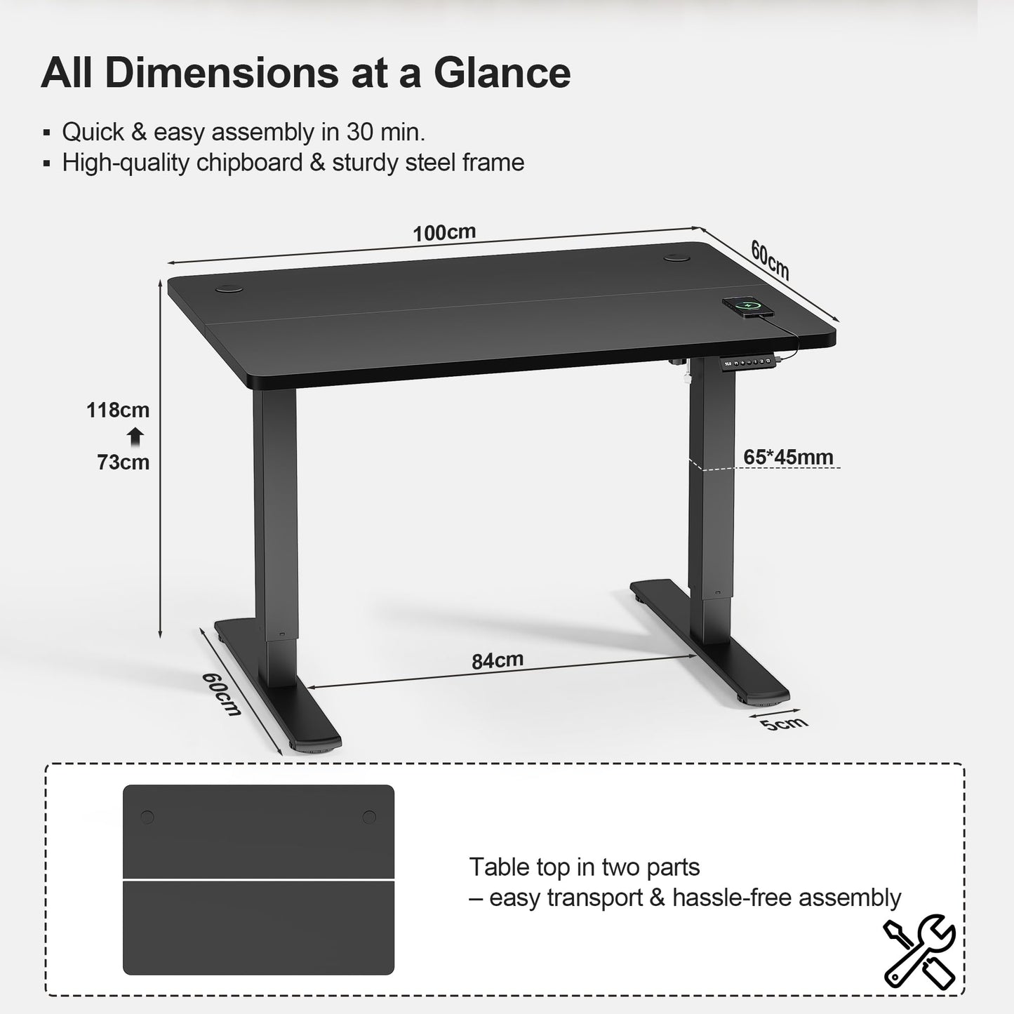 JUMMICO Electric Standing Desk 100x60cm – Height Adjustable with USB Charging, Sedentary Reminder, Memory Heights for Home Office Use, Black