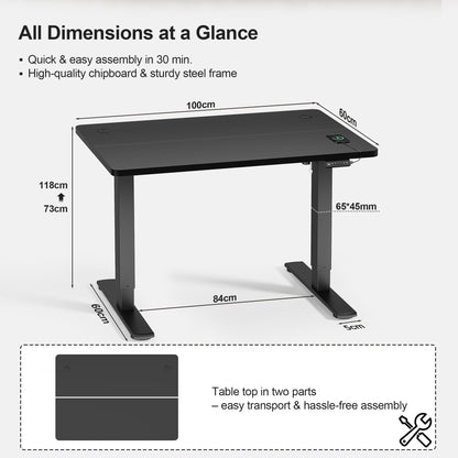 JUMMICO Electric Standing Desk 100x60cm – Height Adjustable with USB Charging, Sedentary Reminder, Memory Heights for Home Office Use, Black