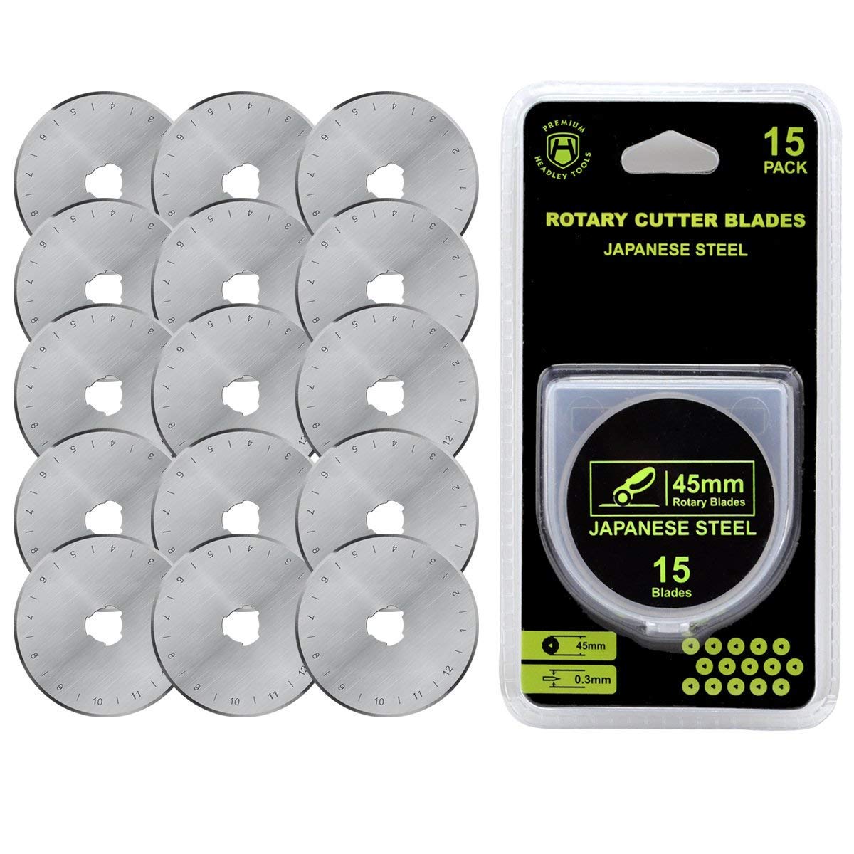 Headley Tools Rotary Cutter Blades 45mm(Pack of 15) Fits Olfa,Fiskars,Dafa,Dremel,Truecut Replacement, Quilting Scrapbooking Sewing Arts Crafts,Sharp