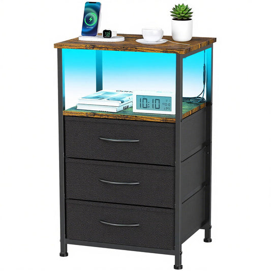 ZIPEEU Bedside Table with LED, Bed Side Table for Bedroom with 3 Fabric Drawers Small Nightstand with Led Lights for Living Room Small Spaces
