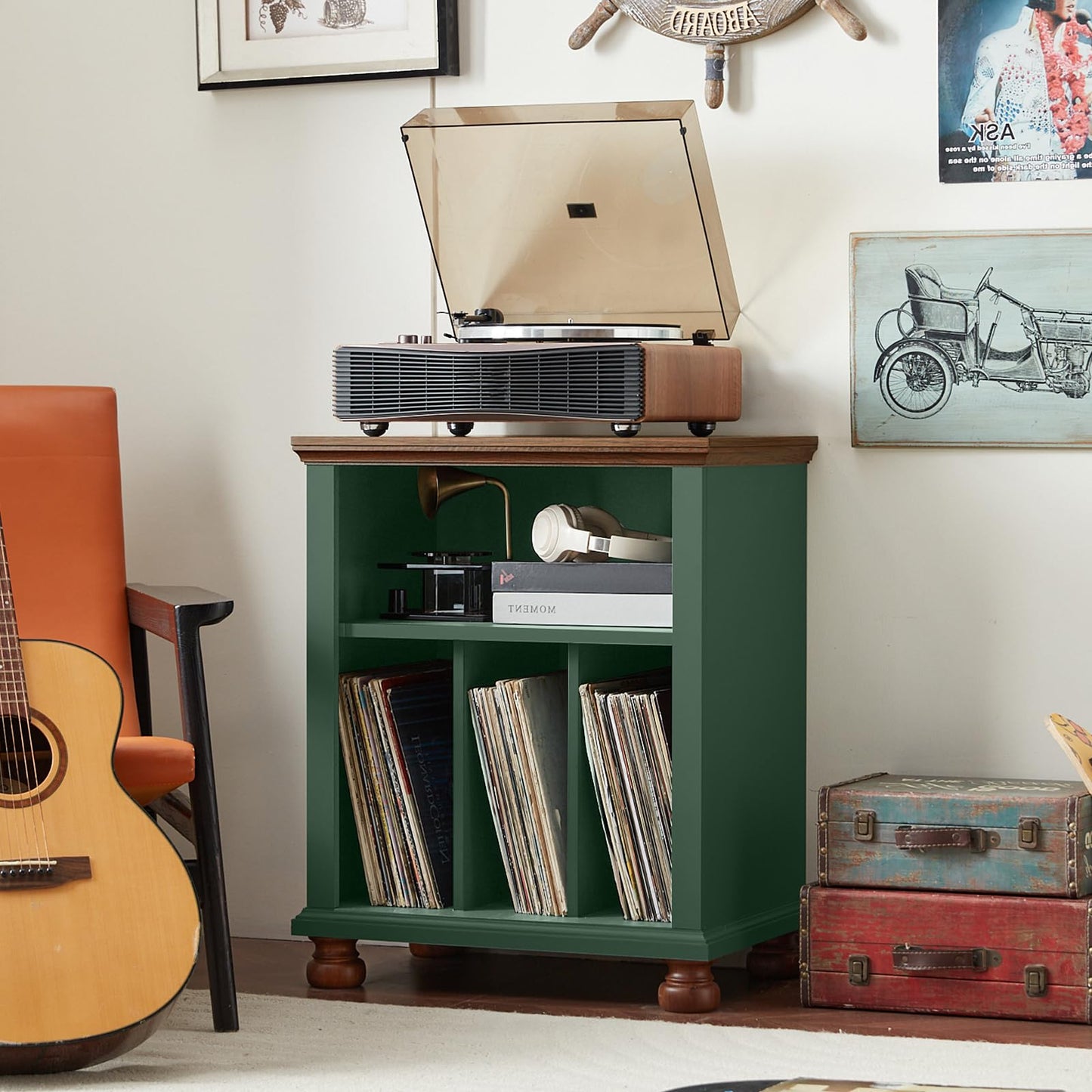 LELELINKY Large Record Player Stand with Vinyl Record Storage, 24" Wide Wood Turntable Stand, Mid-Century Record Player Table Up to 200 Albums