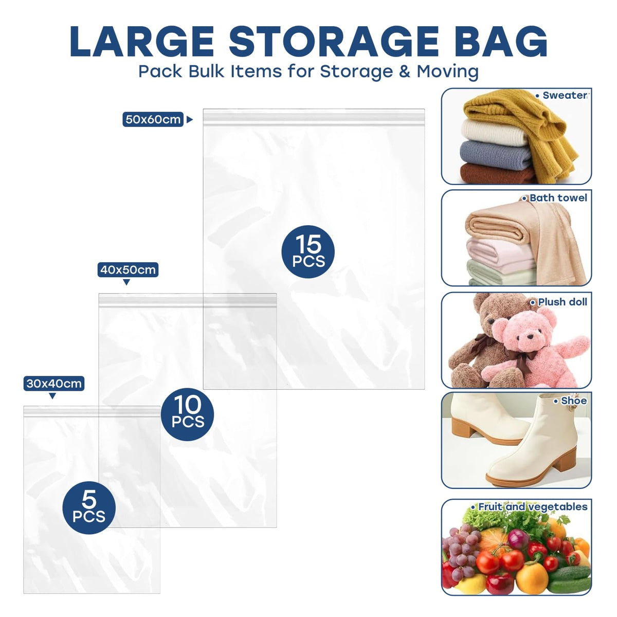 25PCS Reusable Large Travel Clothes Bags Plastic Hospital Bags, Waterproof Ziplock Bag Transparent Large Storage Organiser for Clothes Luggage