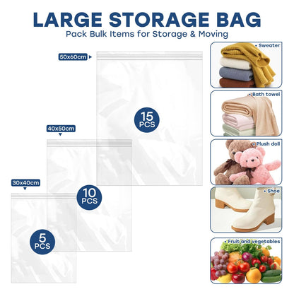 25PCS Reusable Large Travel Clothes Bags Plastic Hospital Bags, Waterproof Ziplock Bag Transparent Large Storage Organiser for Clothes Luggage