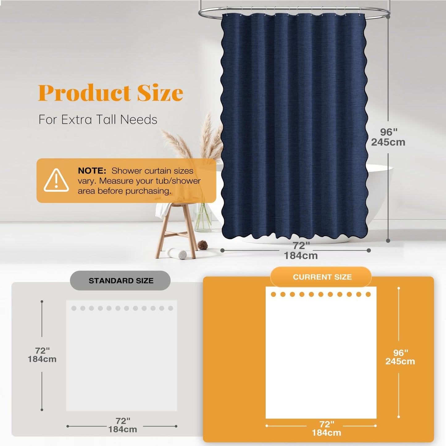 BTTN Extra Long Scalloped Shower Curtain, Waterproof, 184x245cm, Navy Blue