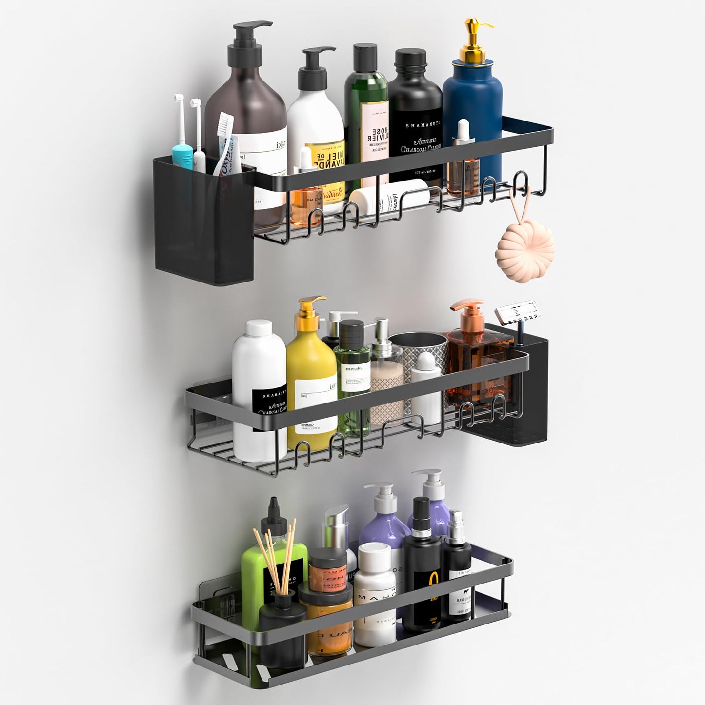 YEAUPE PRO 5-Piece Drill-Free Shower Shelf & Basket Set ? Black Adhesive Bathroom Organizer with 2 Quick-Dry Racks, One Large Basket & 2 Toothbrush