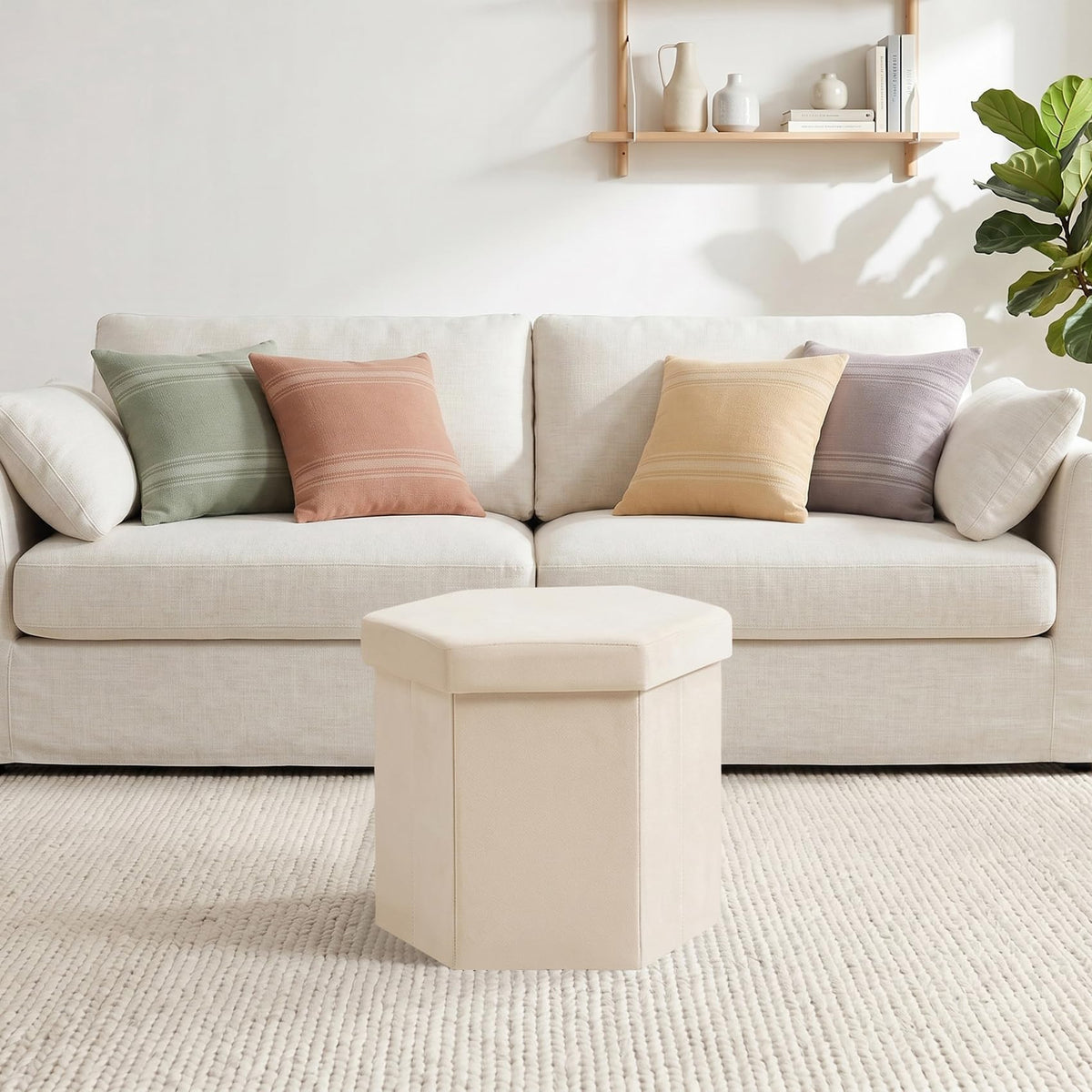 PINPLUS Hexagonal Storage Ottoman, Velvet Foldable Footstool, Cream White