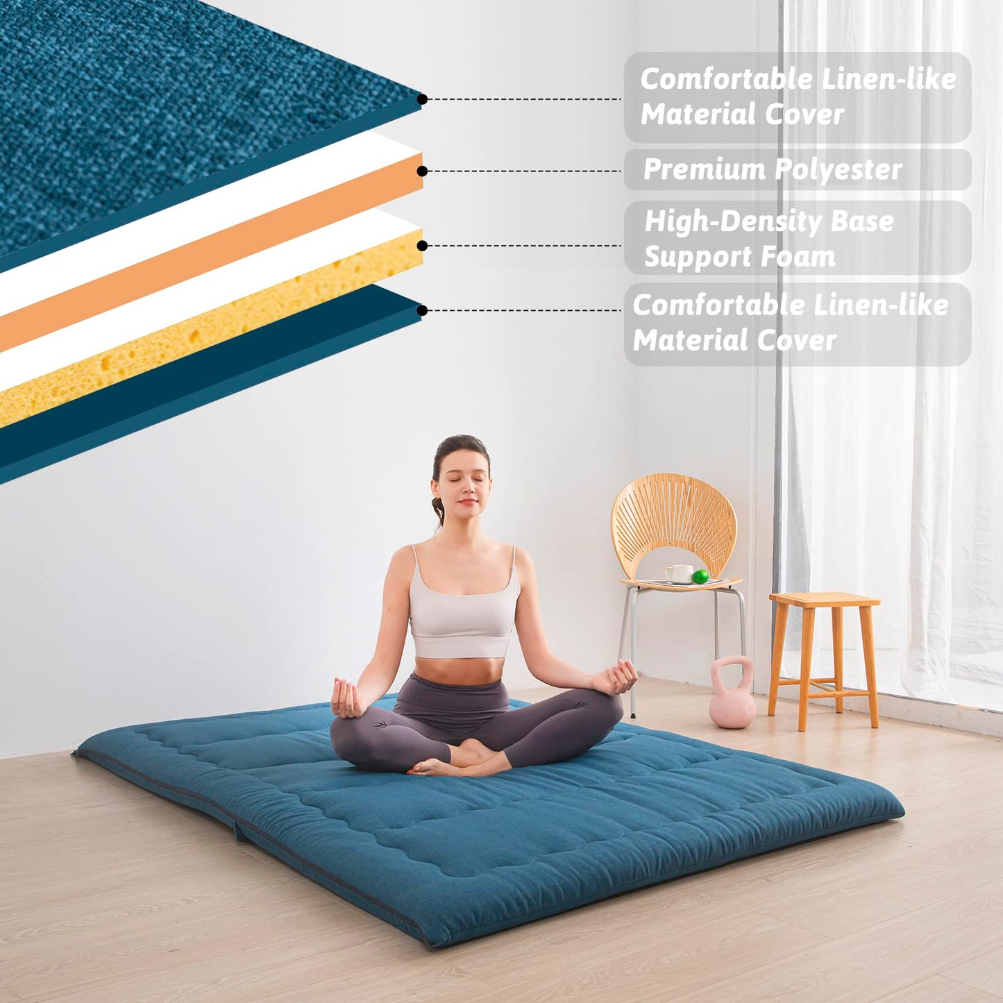 MAXYOYO Portable Foldable Futon Mattress, Hypoallergenic Fabric and Foam Mattress Pad with Handle and Zipper for Outdoor Indoor Camping Guest Car