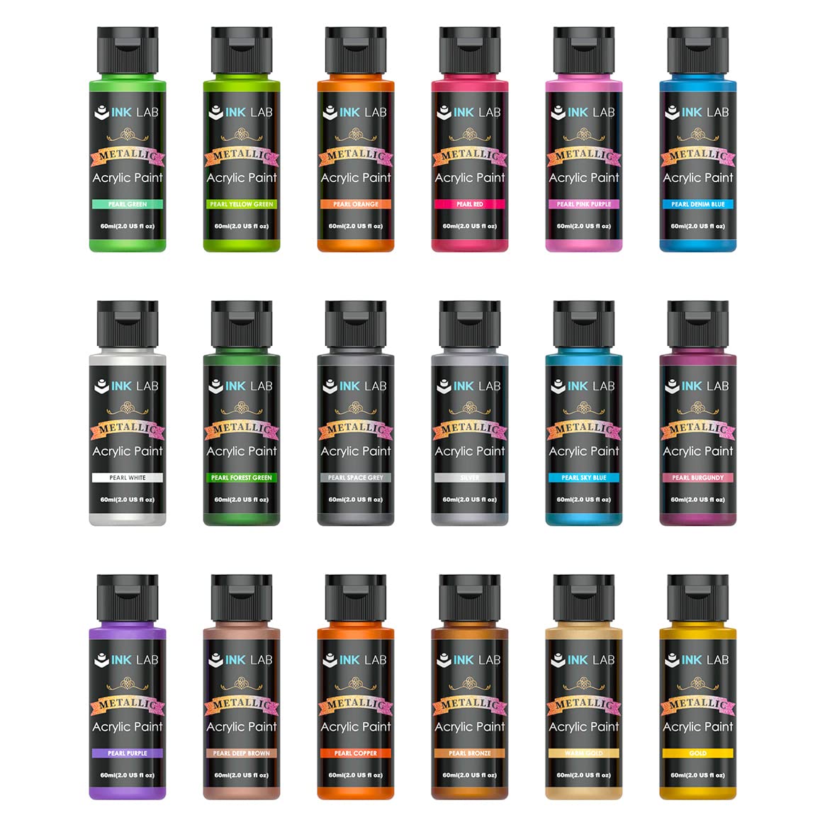 INK LAB Metallic Acrylic Paint Set 18 Colors Non Toxic Metallic Paints for Artists Beginners Painting on Rocks Crafts Canvas Fabric Wood, Rich Pigment