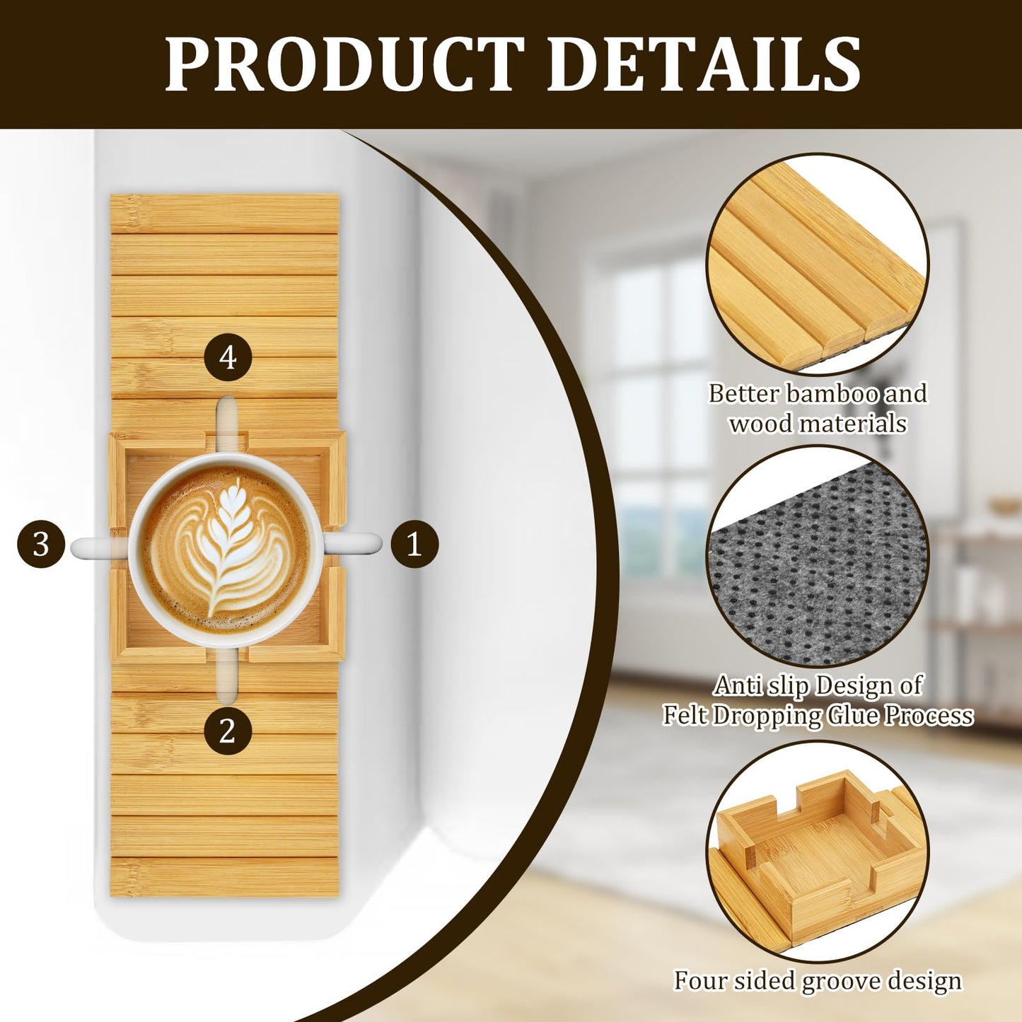 1Pack Sofa Arm Tray, Foldable Couch Cup Holder Bamboo Armrest Tray, Sofa Armrest Organiser for Drinks, Snack, and Remote