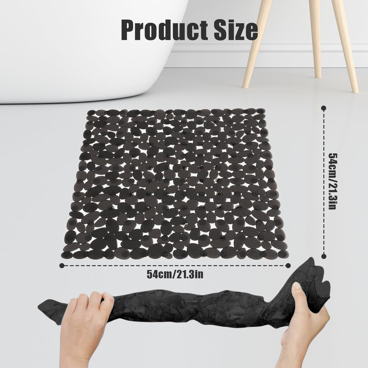 AMFUN 54x54CM Anti Slip Square Shower Mats,Clear Pebbles Shower Bath Mat, Machine Washable Bath Mat with Strong Suction Cups Grip and Drain Holes for