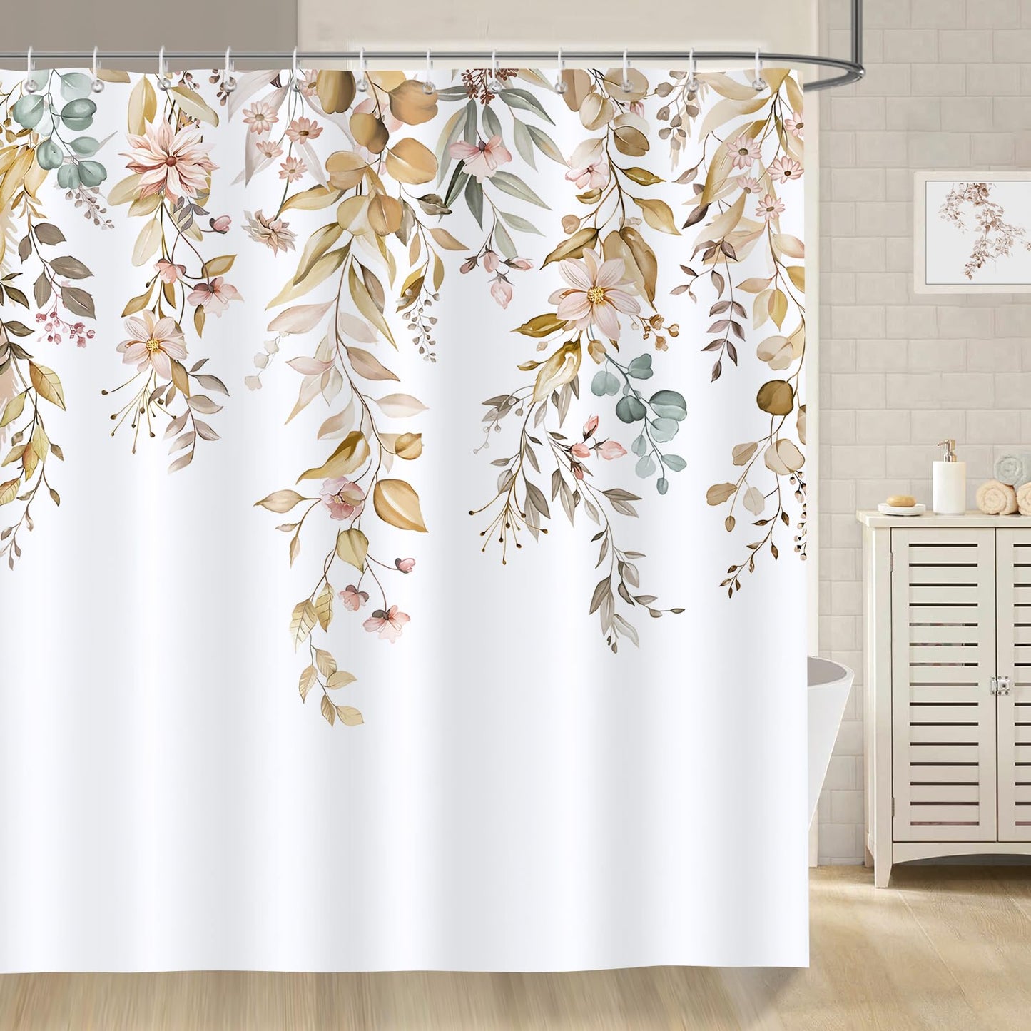 Bonhause Brown Eucalyptus Shower Curtain 180 x 180 cm Fall Watercolor Leaves Floral Plant Bathroom Curtain Waterproof Mildew & Mould Resistant