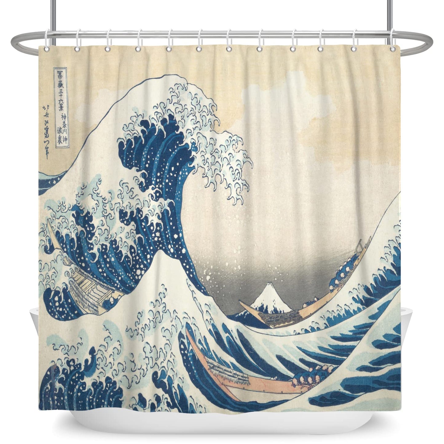 SDOTPMT 72x78inch Japanese Ocean Waves Shower Curtain Abstract Sea Wave Wooden Boat Bath Curtain Ukiyo-e Theme Fuji Mountain Bathtub Curtain for