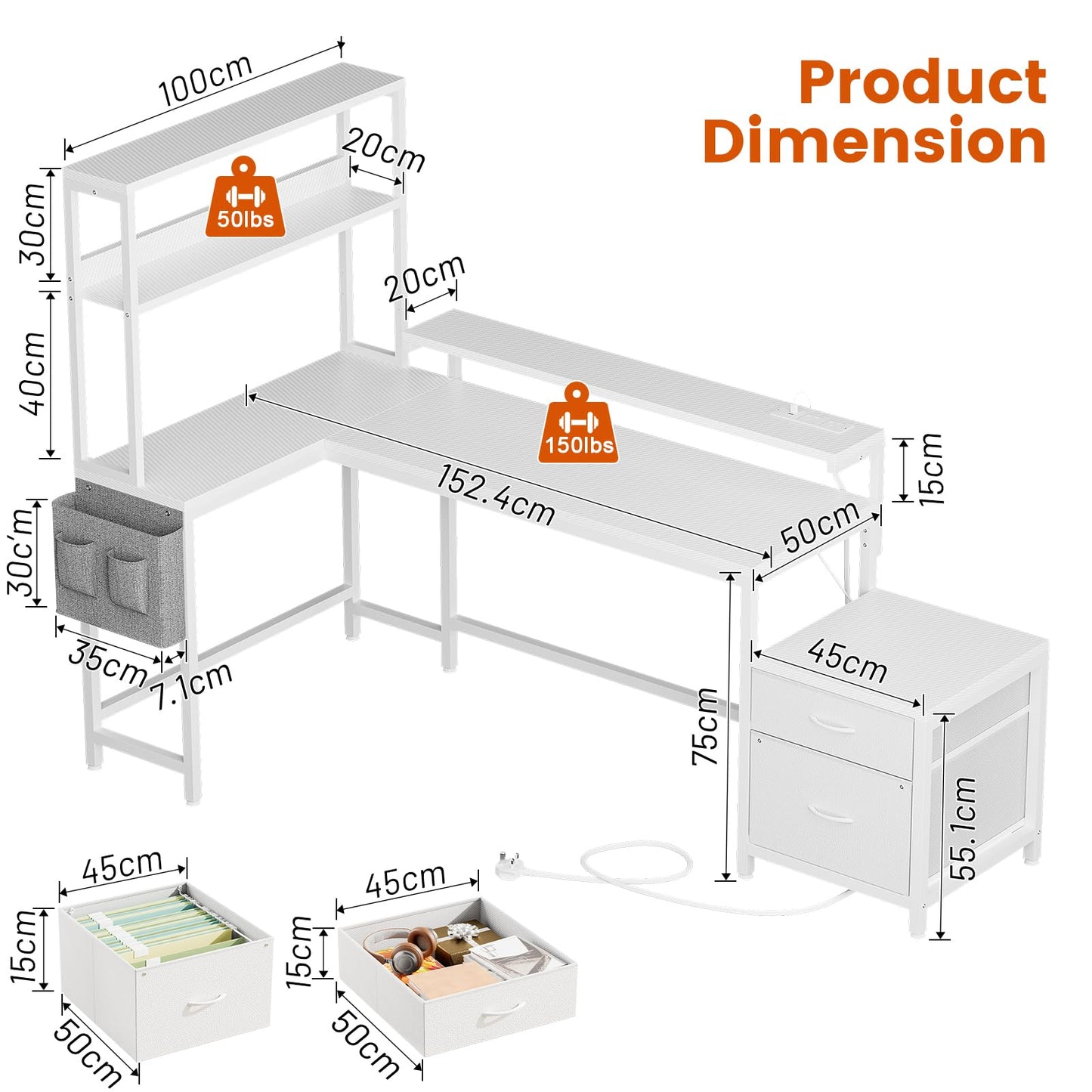 Mossora Carbon Fiber White Reversible L Shaped Gaming Desk with Drawers