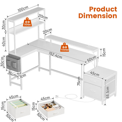 Mossora Carbon Fiber White Reversible L Shaped Gaming Desk with Drawers