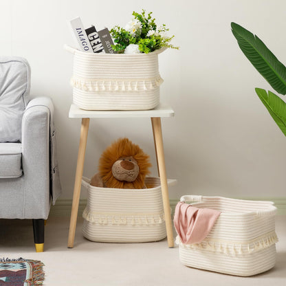 TeoKJ Storage Basket 38x25x22cm – Handwoven with Tassels, Rope Bin for Living Room, Bathroom, Decorative Woven Storage Solution White