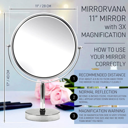 MIRRORVANA XXLarge 3X Magnifying Makeup Mirror on Stand for Dressing Table, Desk and Bathroom & Bedroom Vanity, Double Sided 3X/1X Magnification,