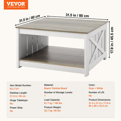 VEVOR 31.5" Farmhouse Coffee Table, Square Coffee Table with Open Storage Compartment, Wooden Rustic Cocktail for Living Room, Bedroom, Apartment