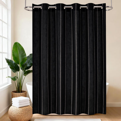 VANZAVANZU Boho Hookless Shower Curtain, Stripe Polyester-Linen Fabric Waterproof coating Shower Curtains for Bathroom