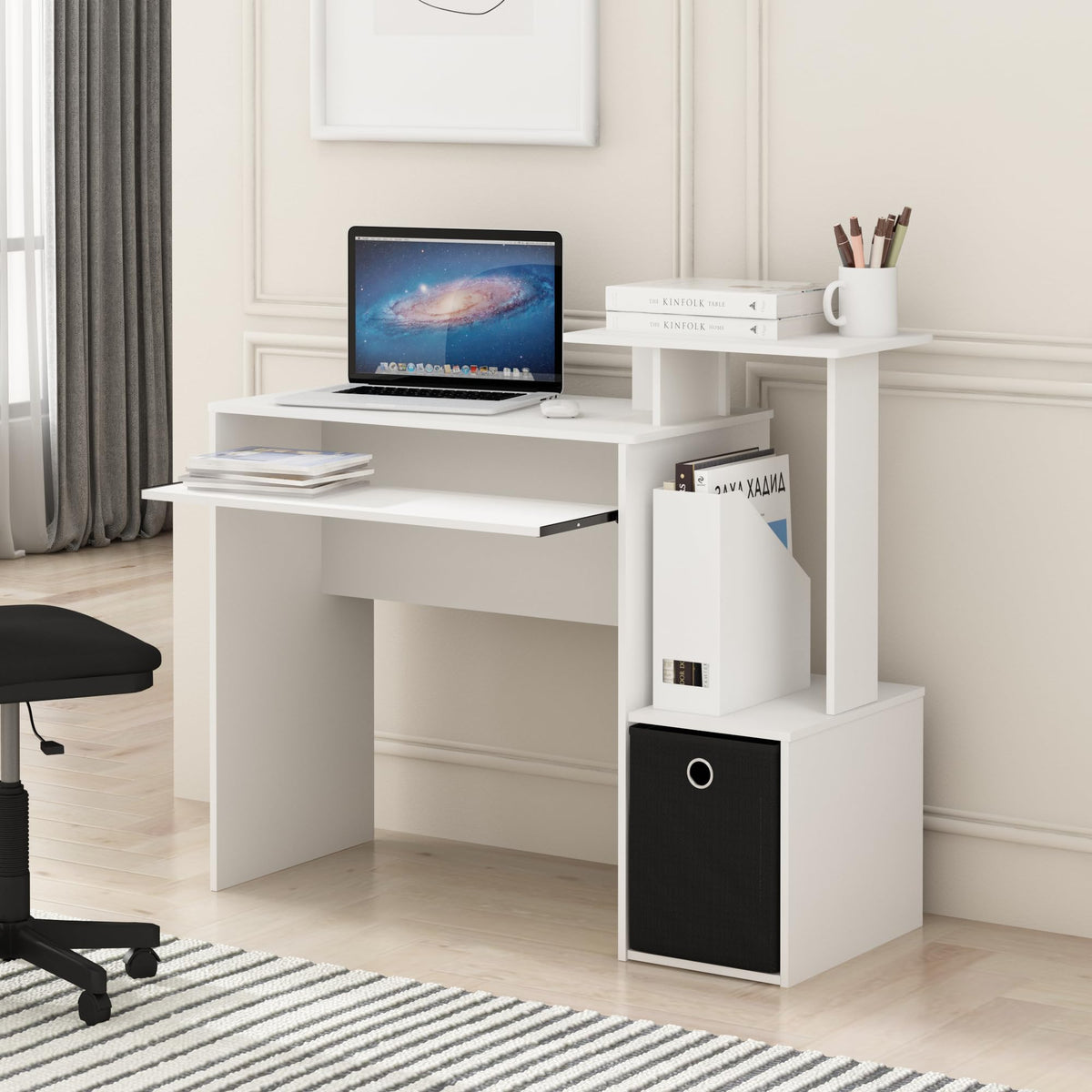 Furinno ECON Desk, Gaming Desk with Keyboard Tray, Computer Desk, Office Desk with Side Shelves and Storage Bin for Home Office, Study Room, Dorm