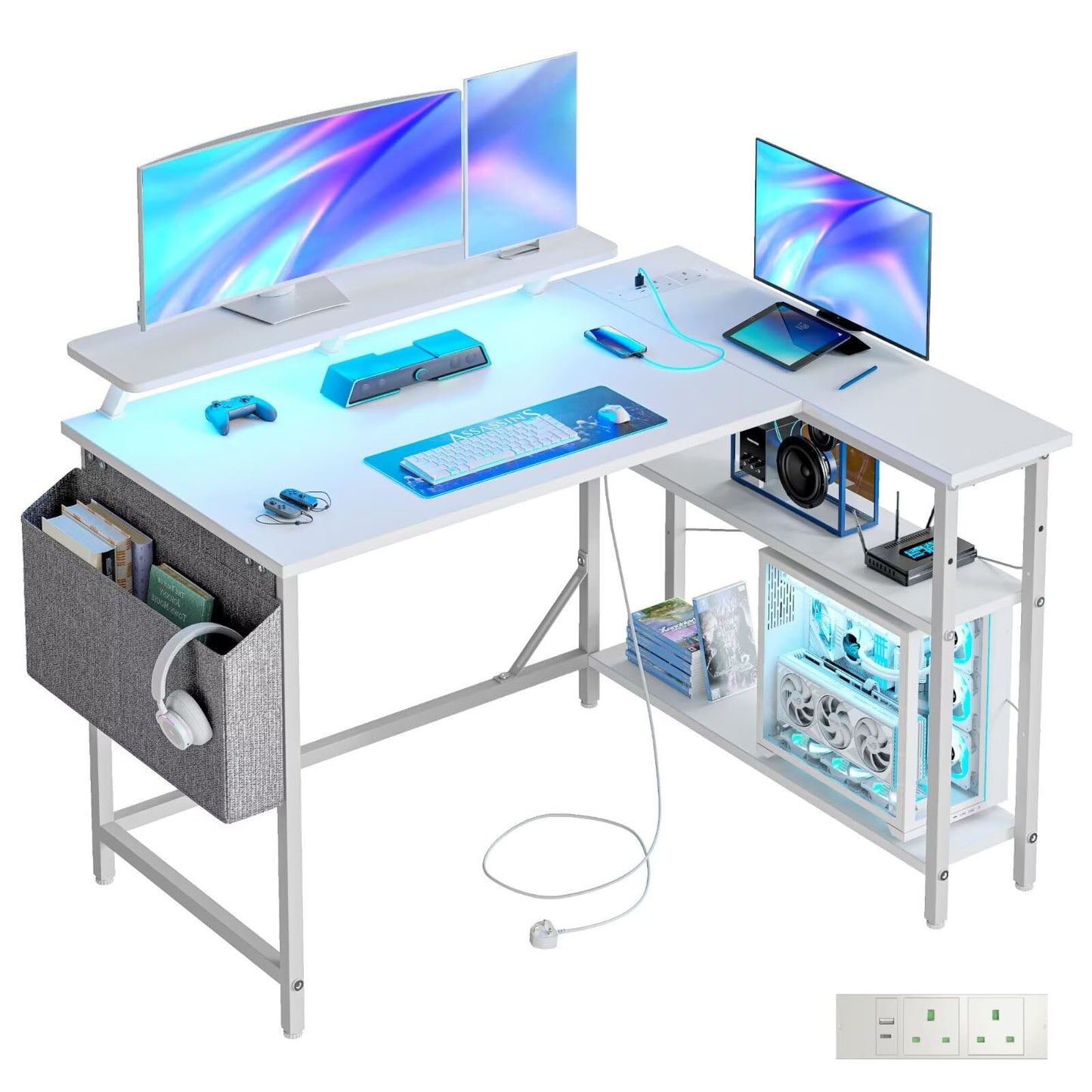 DOMSHOCT L Shaped Gaming Desk with LED Lights & Power Outlets, 120 * 80cm Corner Computer Table with Storage Bag & Adjustable Shelves & Large Monitor