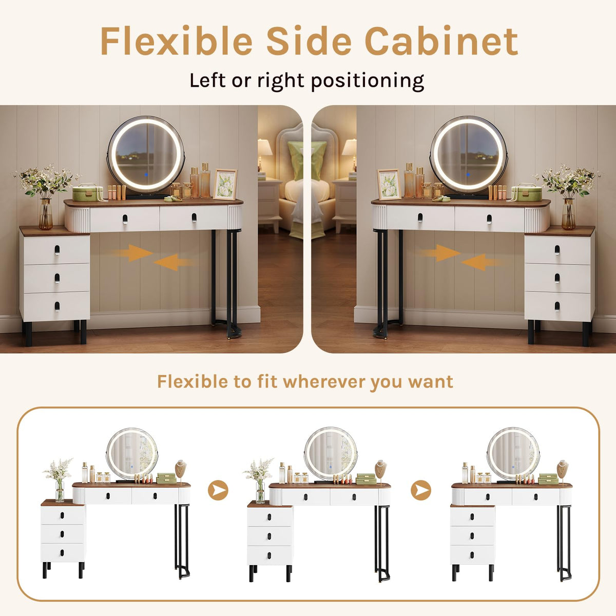 WOLTU Dressing Table, with Swivel Mirror, LED Lights 3-Colour Dimmable