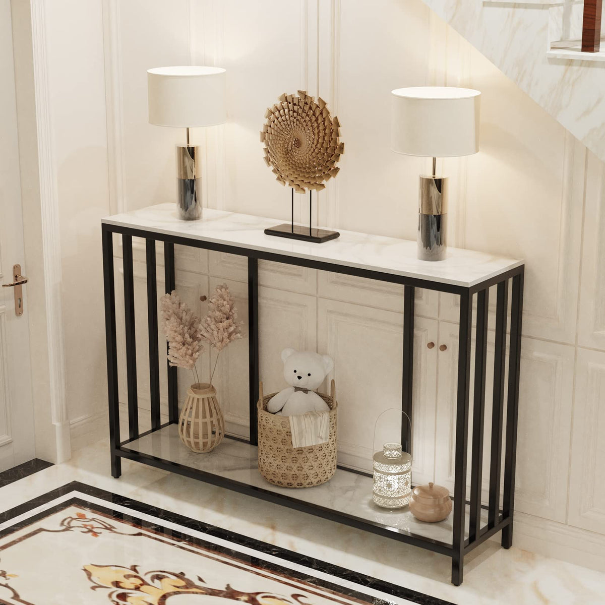 FATIVO 2 Tier Console Table Sintered Stone Marble Top Sofa Back Tables