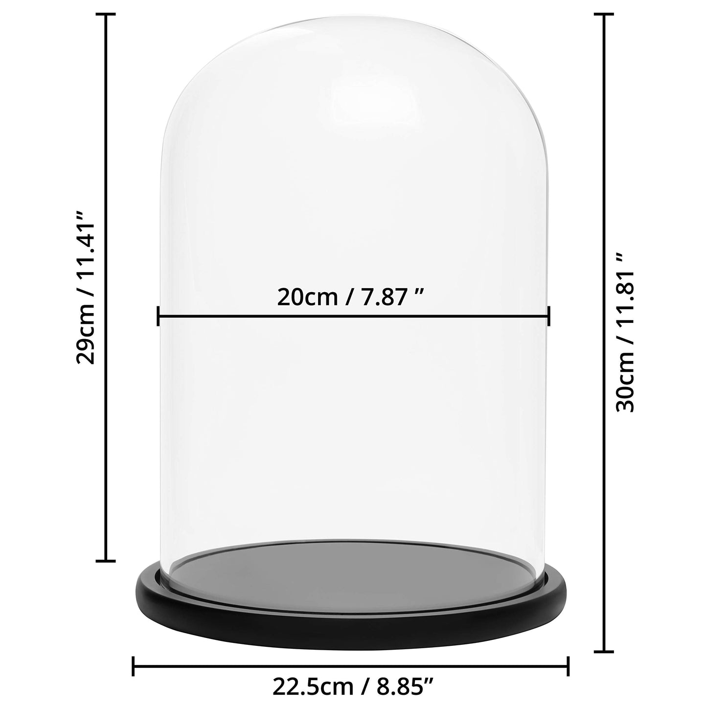 BELLE VOUS Glass Dome Cloche Bell Jar with Black Wooden Base - 30cm/11.81 Inches - Clear Decorative Tabletop Display Case with Tray for Fairy Lights,
