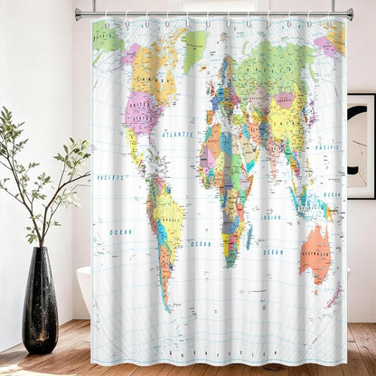 Xiaoterna World Map Shower Curtain Colorful Nautical Map Ocean Bathroom Curtain White Coastal Ocean Shower Curtain for Bathroom Machine Washable