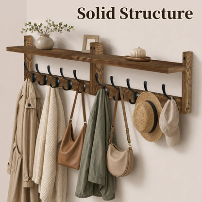 Coat Rack Wall Mounted, 87cm Wooden Extra-Long Wall Hook Rack with Shelf, Set of 2 Coat Hooks with 10 Hooks for Hanging Coats Hats Scarves
