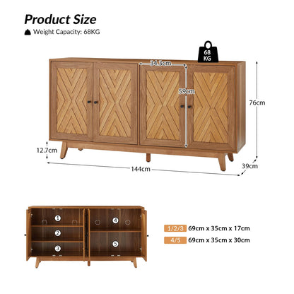 HULALA HOME 145 cm Mid-Century Sideboard with Adjustable Shelves, Walnut