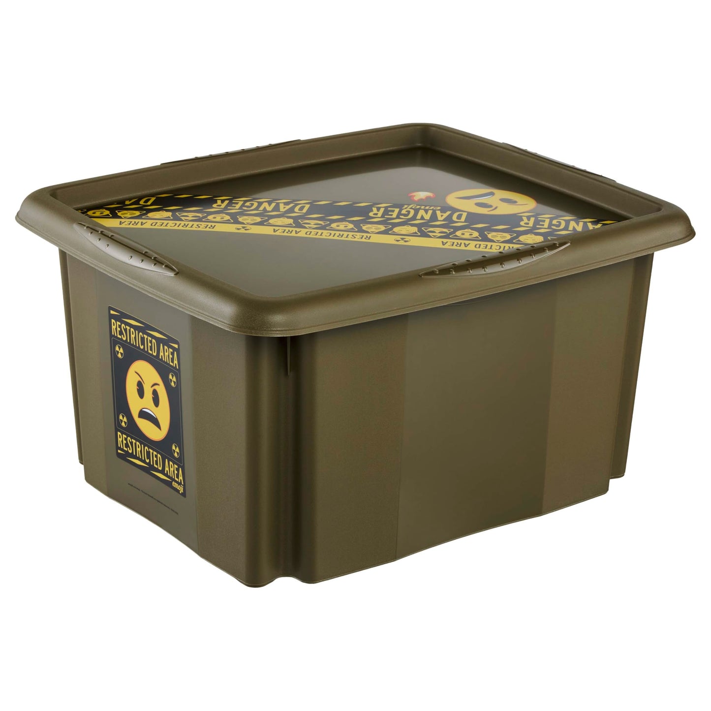 keeeper karolina storage box with lid, 24 l, rotatable and stackable, Emoji Danger design, For children, olive green (Olive)